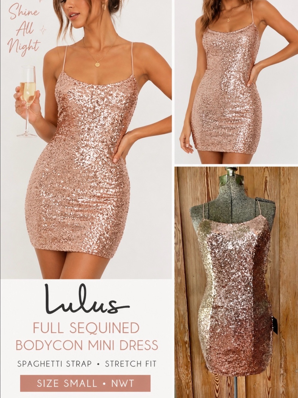 NWT Lulus Gold Sequin Bodycon Mini Dress Spaghetti Strap  Party
Night Out~S 💚🍄